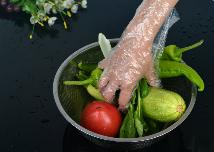 Guante de PE antibacteriano desechable sin látex azul transparente 100 piezas